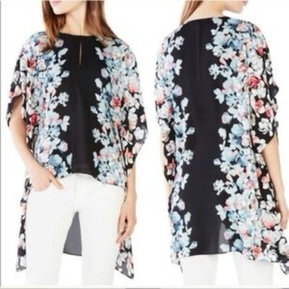 BCBGMaxAzria Black Top with Blue and Pink Floral Design